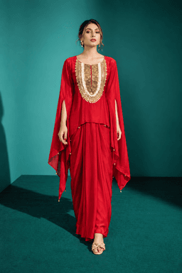 Red crepe draped skirt with embroided cape view 1