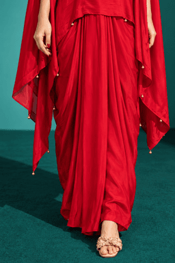Red crepe draped skirt with embroided cape view 3