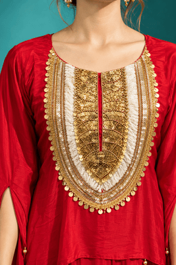 Red crepe draped skirt with embroided cape view 2