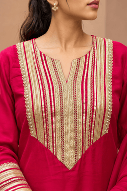Hot pink satin plazo set with dupatta view 2