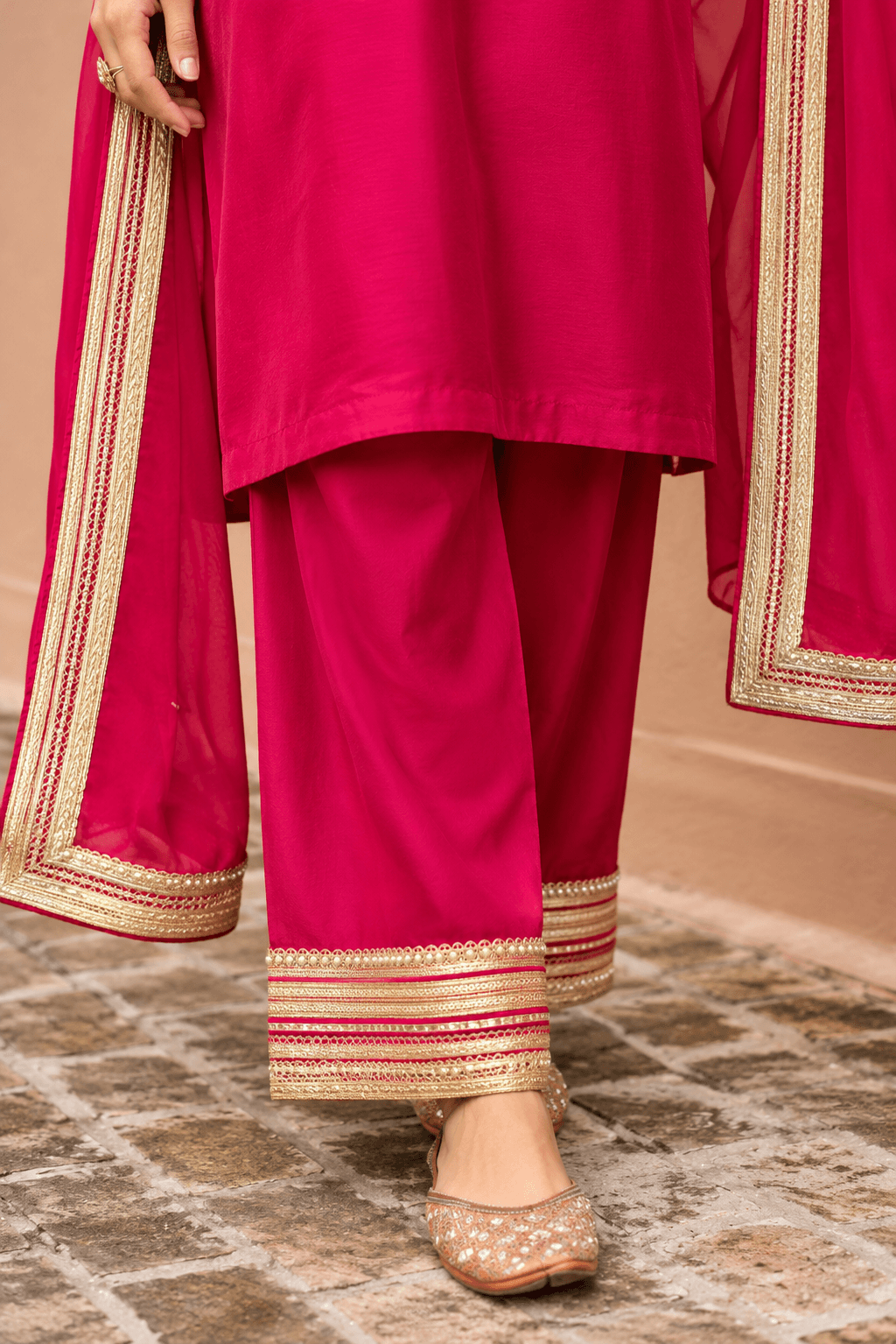 Hot pink satin plazo set with dupatta