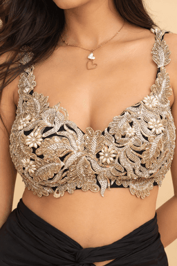 Black crepe draped skirt with bralette blouse view 2