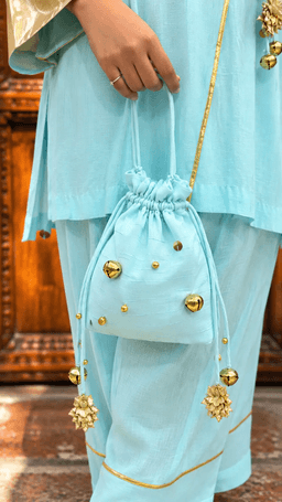 Light Blue Angrakha Kurti With Matching Potli view 3