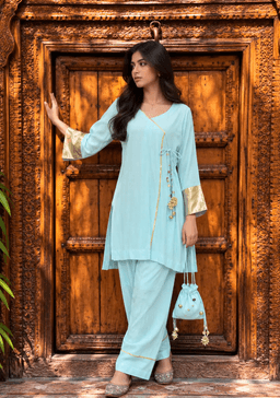 Light Blue Angrakha Kurti With Matching Potli view 1