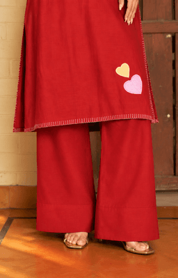 Blood Red Plazo Set With Minimal Hearts view 2
