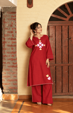 Blood Red Plazo Set With Minimal Hearts view 1