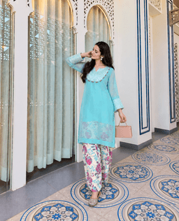 Sea Foam Organza Shirt Paired With Floral Salwar view 1