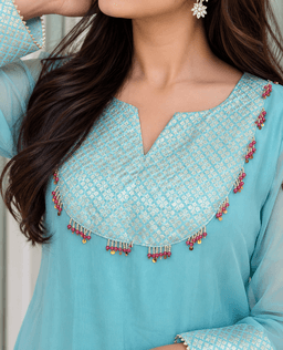 Sea Foam Organza Shirt Paired With Floral Salwar view 3