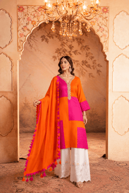 Orange And Pink Pakistani Styled Kurta With Duppatta view 1