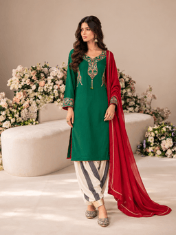 Green Kurti Paired With Striped Bottom view 1