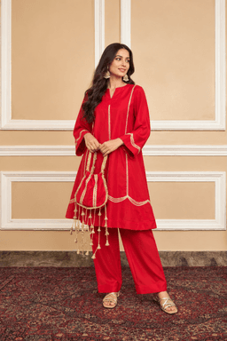 Red A Lined Kurti With Potli view 1
