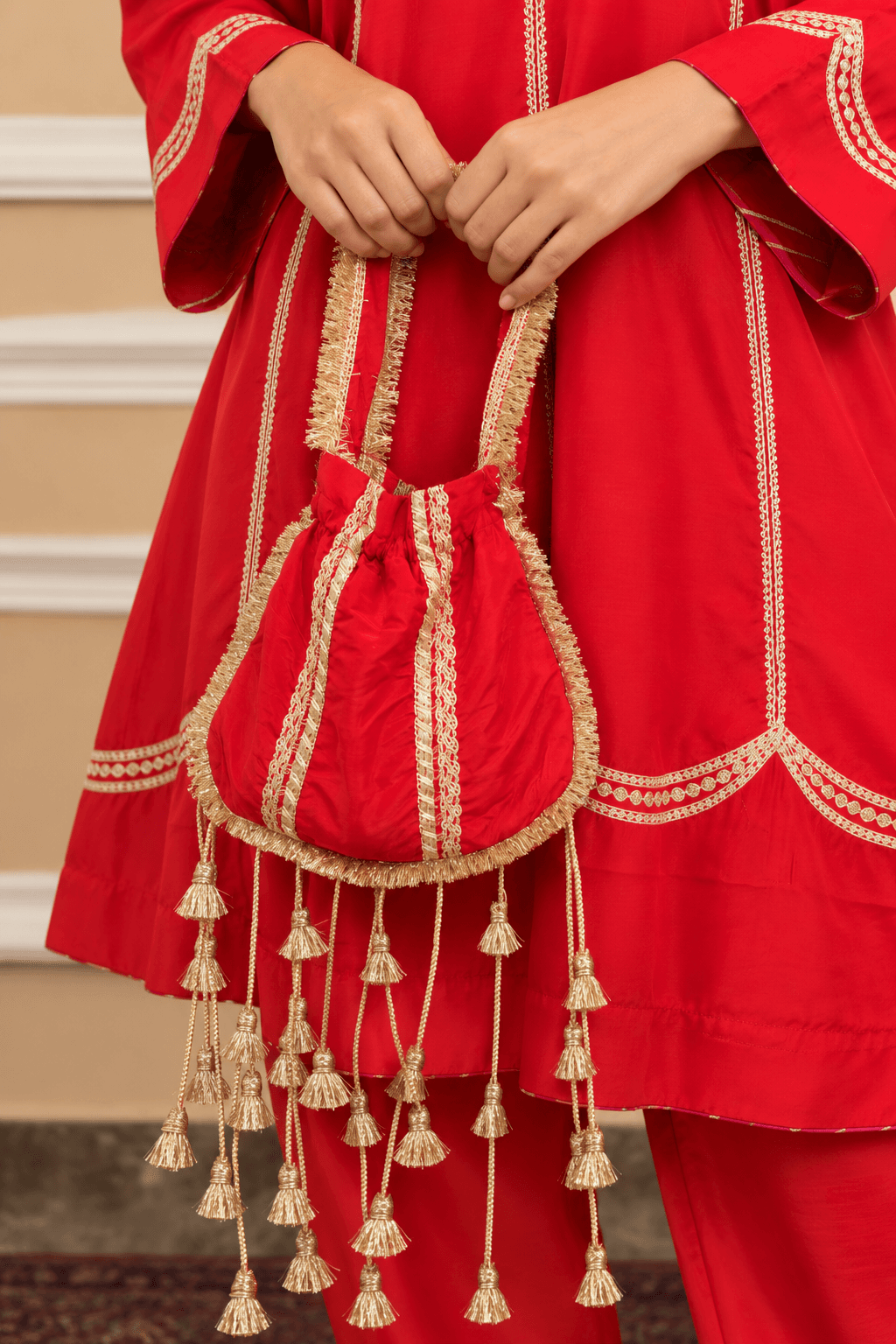 Red A Lined Kurti With Potli