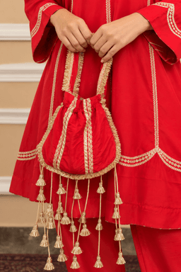Red A Lined Kurti With Potli view 3