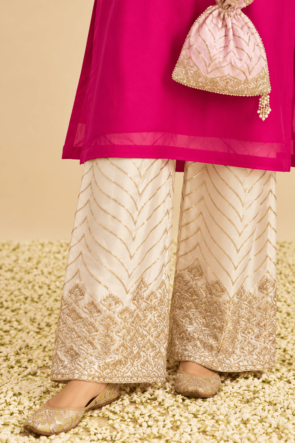 Hot Pink Organza Kurta With Embroidered Silk Plazo