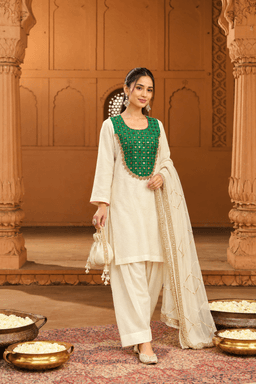 Off White Crush Georgette Plazo Set With Organza Duppata view 1