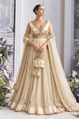 Ivory Organza Lehenga With Matching Potli And Duppatta view 1