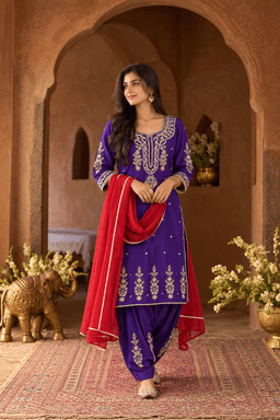 Purple Embroidered Set Paired With Red Duppatta view 1