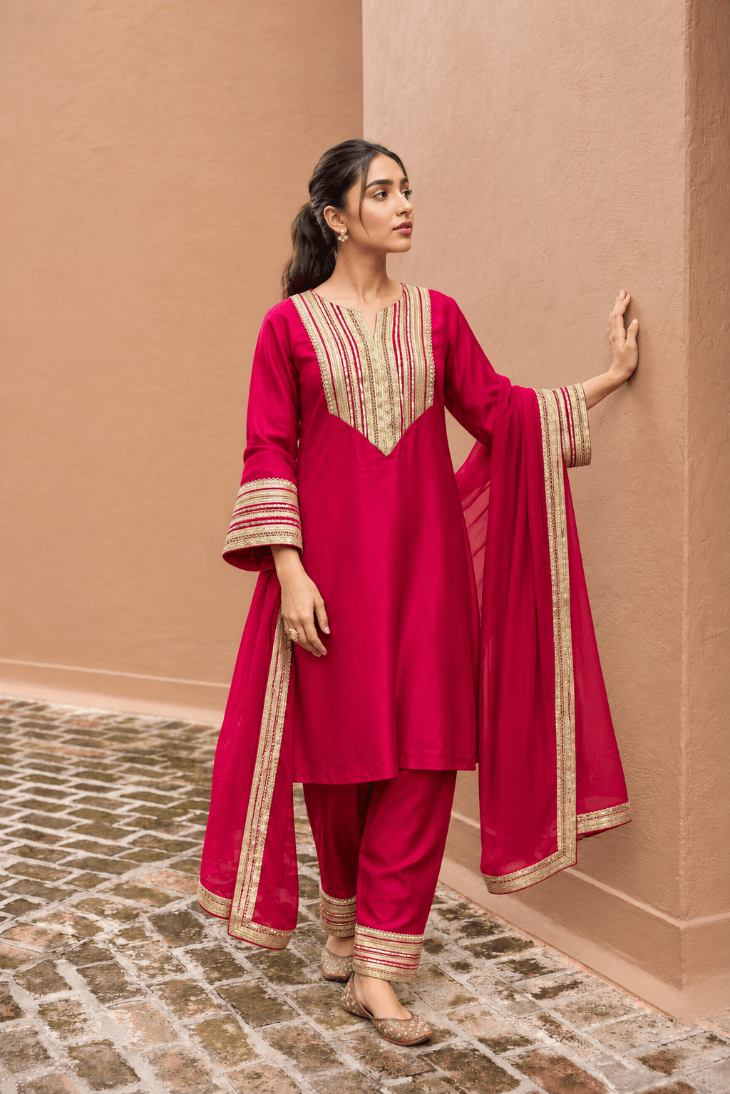 Hot pink satin plazo set with dupatta