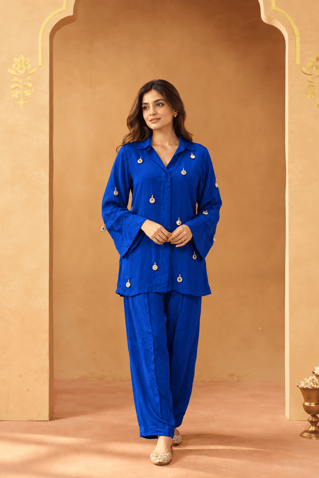Royal blue crepe cordset with dazzling hangings