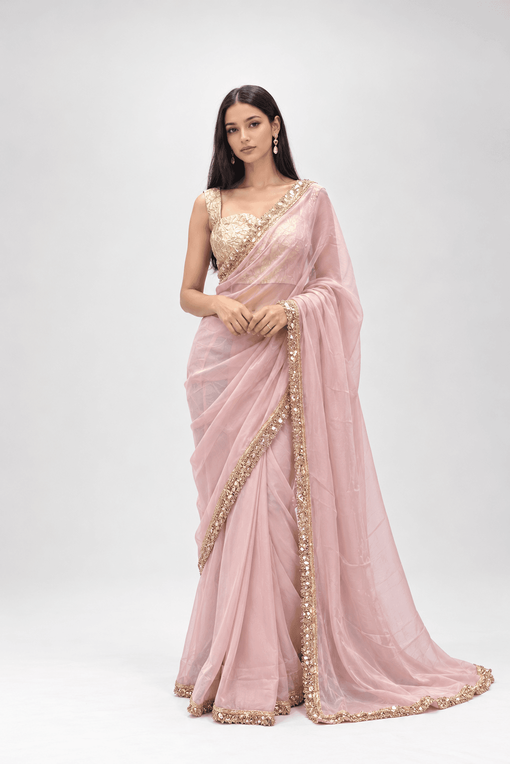 Blush pink orgenza saree with golden crushed blouse
