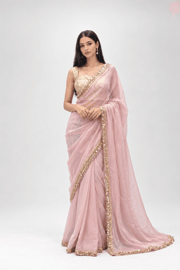 Blush pink orgenza saree with golden crushed blouse view 1