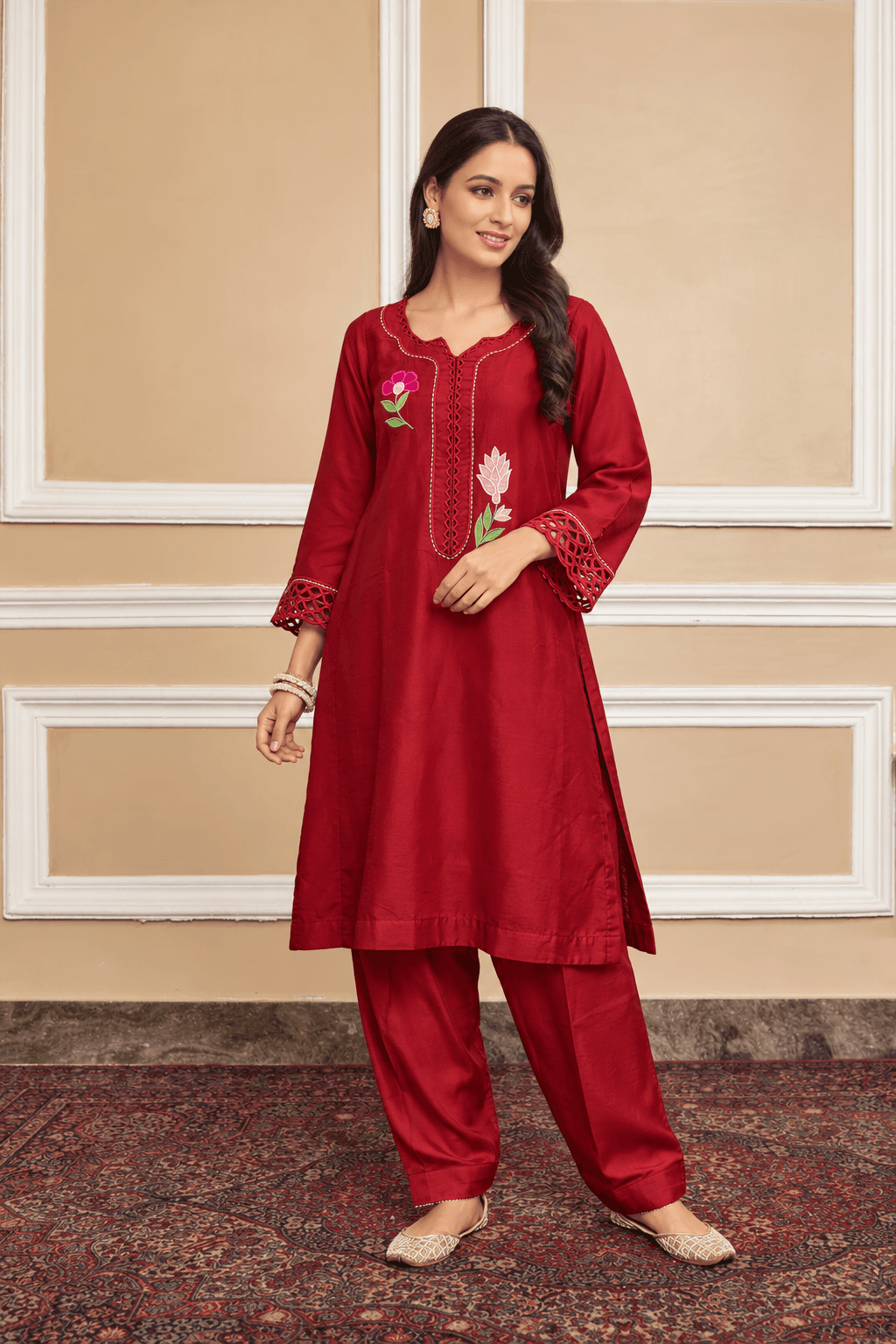 Mahroon crepe embrioded plazo set