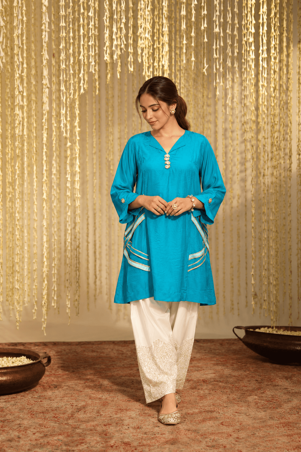 Firozi crepe collared kurti with embrioded farshi salwar