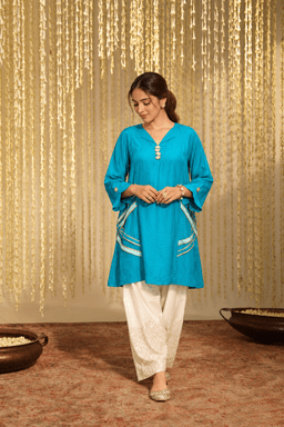 Firozi crepe collared kurti with embrioded farshi salwar view 1