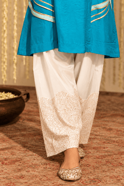 Firozi crepe collared kurti with embrioded farshi salwar view 3