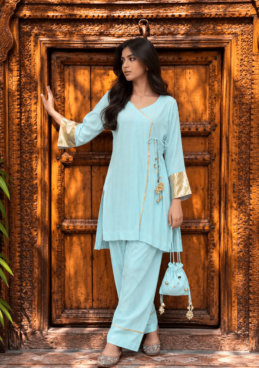 Light Blue Angrakha Kurti With Matching Potli