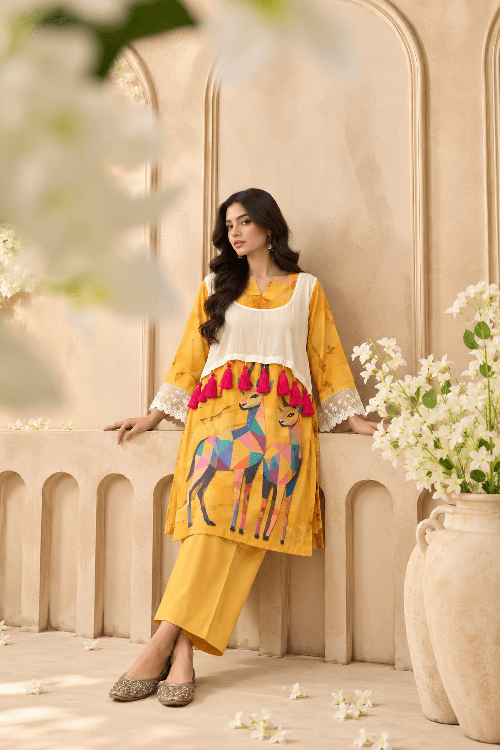 Mustard Yellow Plazo Set With Organza Shrug