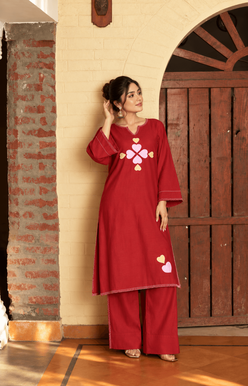 Blood Red Plazo Set With Minimal Hearts