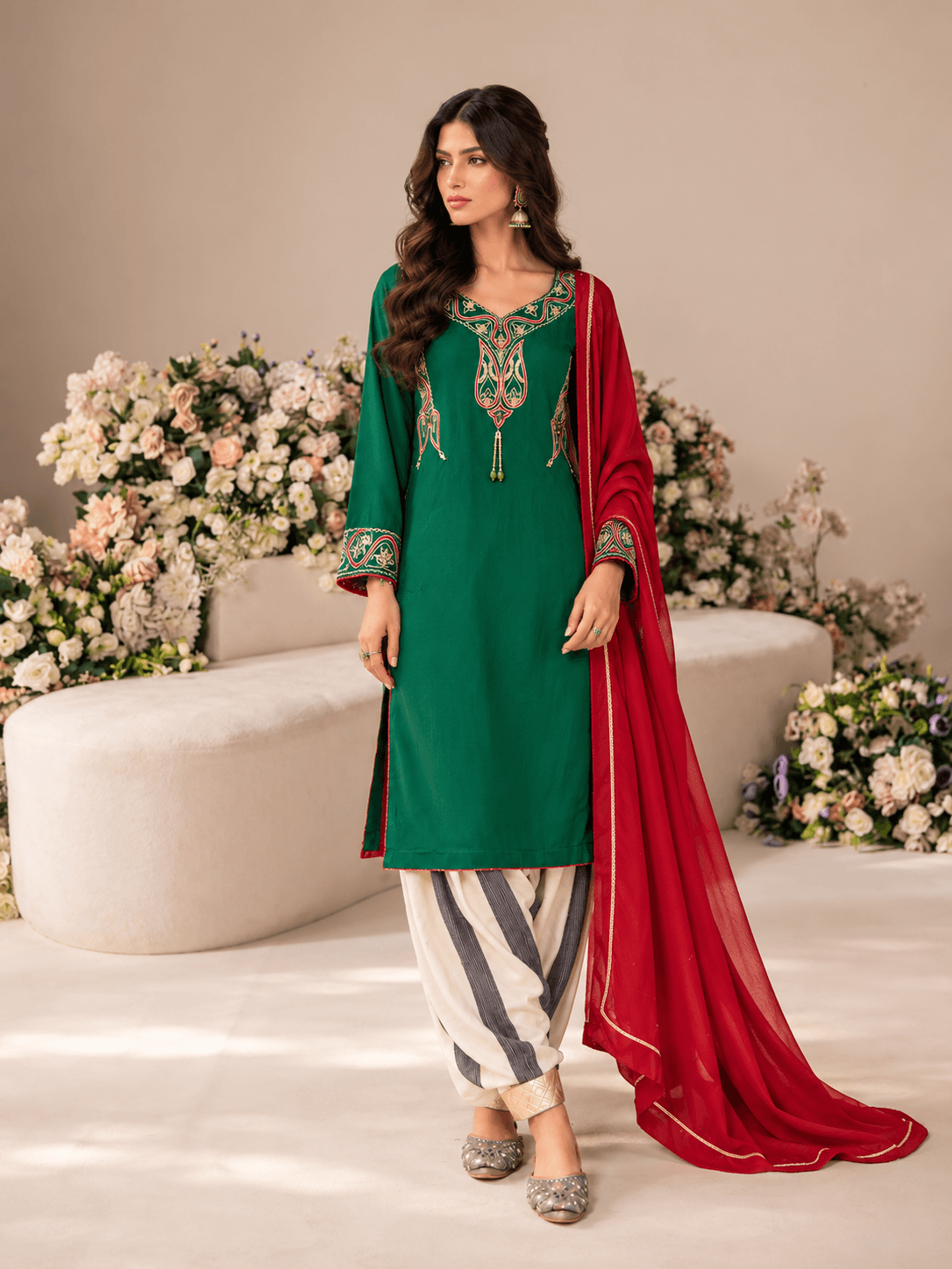 Green Kurti Paired With Striped Bottom