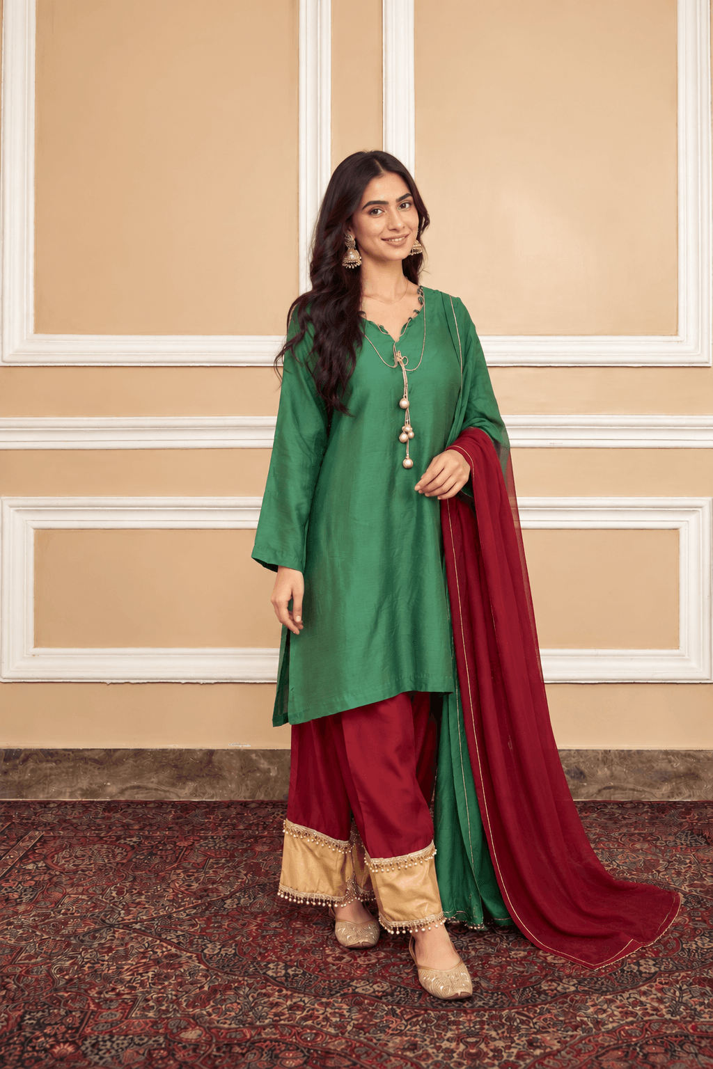 Ruby Red Kurti With Green Coloured Bottom With Glittery Details And Duppata