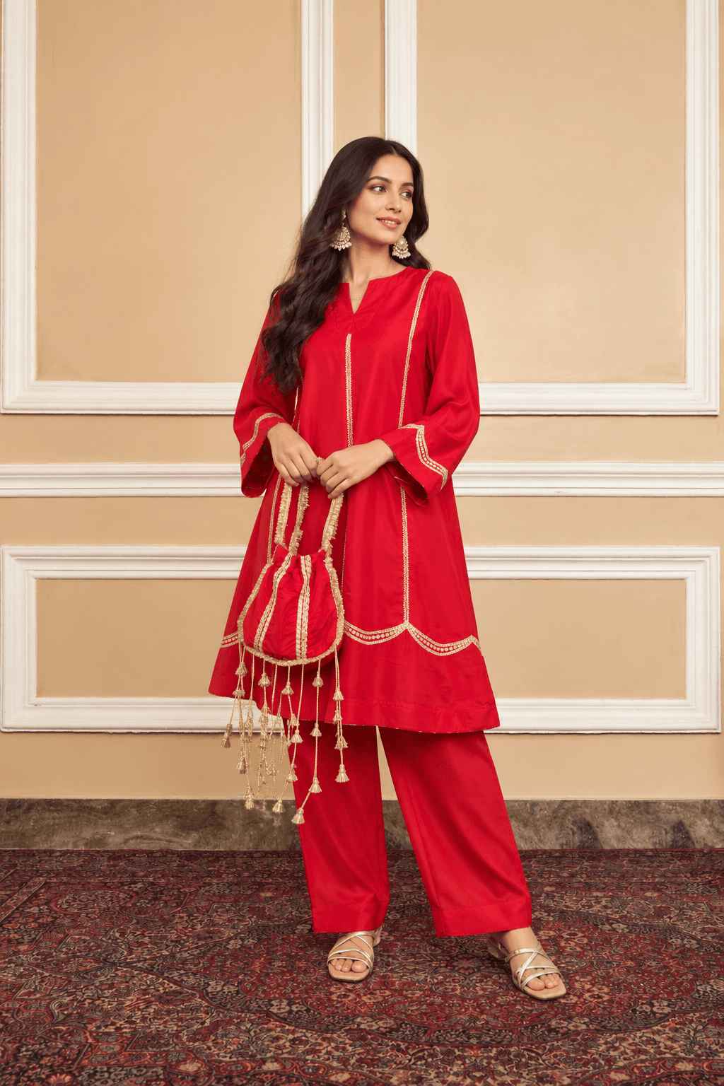 Red A Lined Kurti With Potli