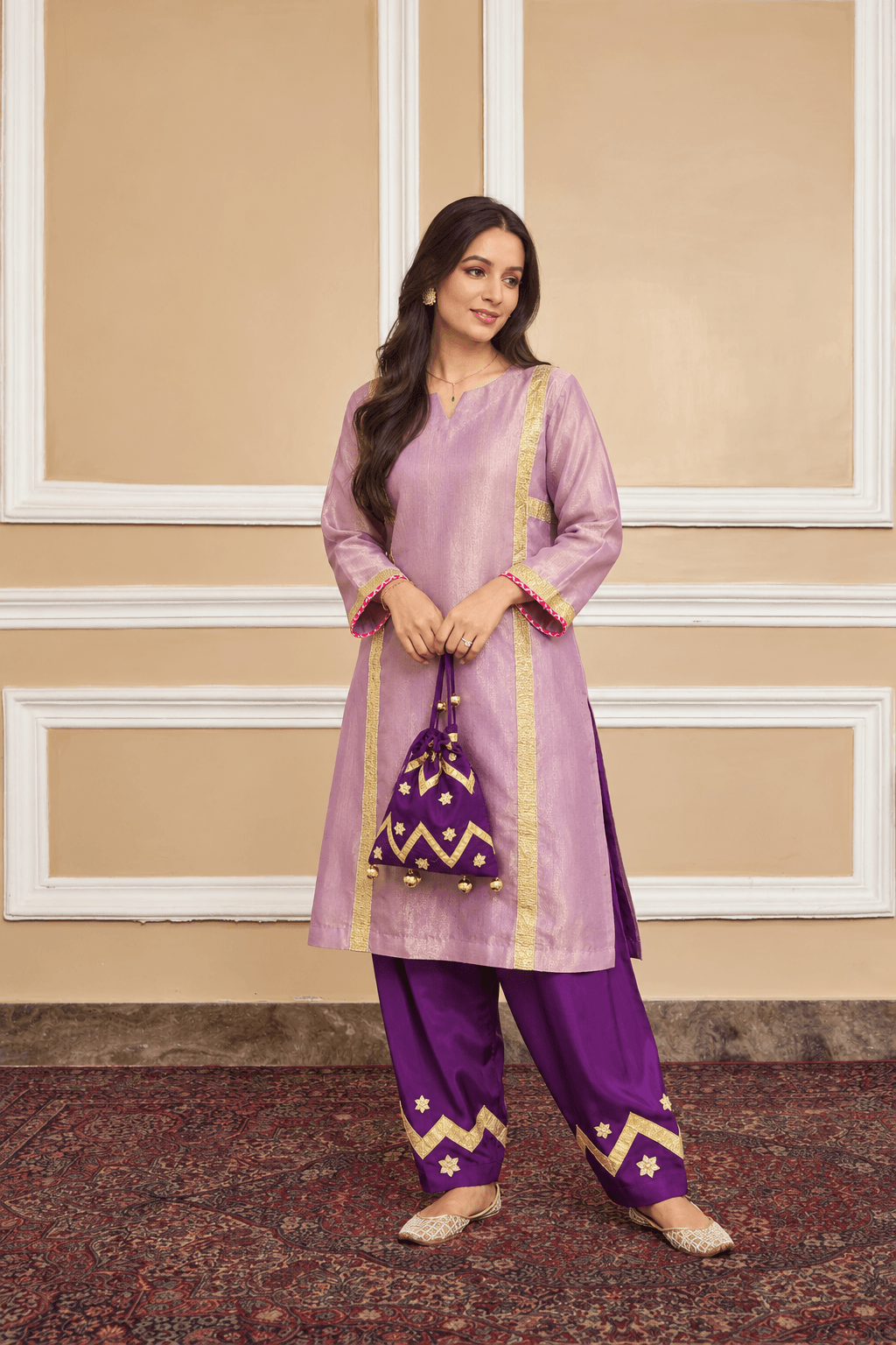 Lavender Gota Patti Farshi Salwar Set With Potli