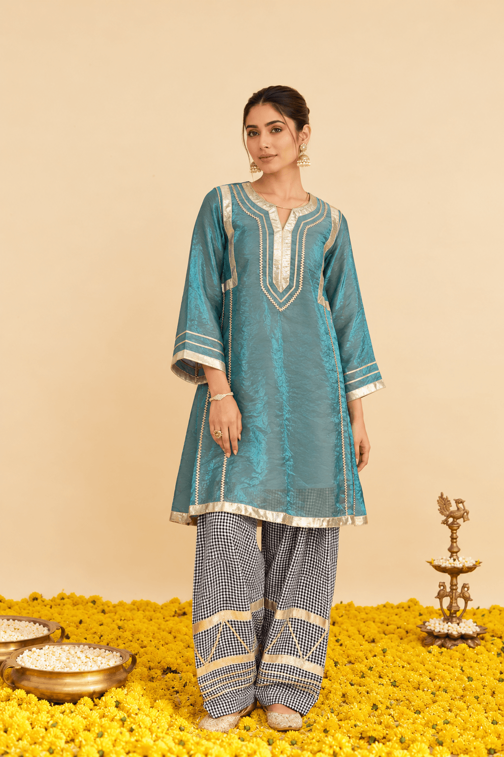 Sea Foam Shimmer Gota Patti With Farshi Salwar