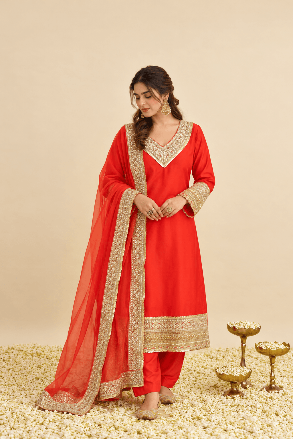 Orange Pakistani Styled Kurta With Cigarette Pants