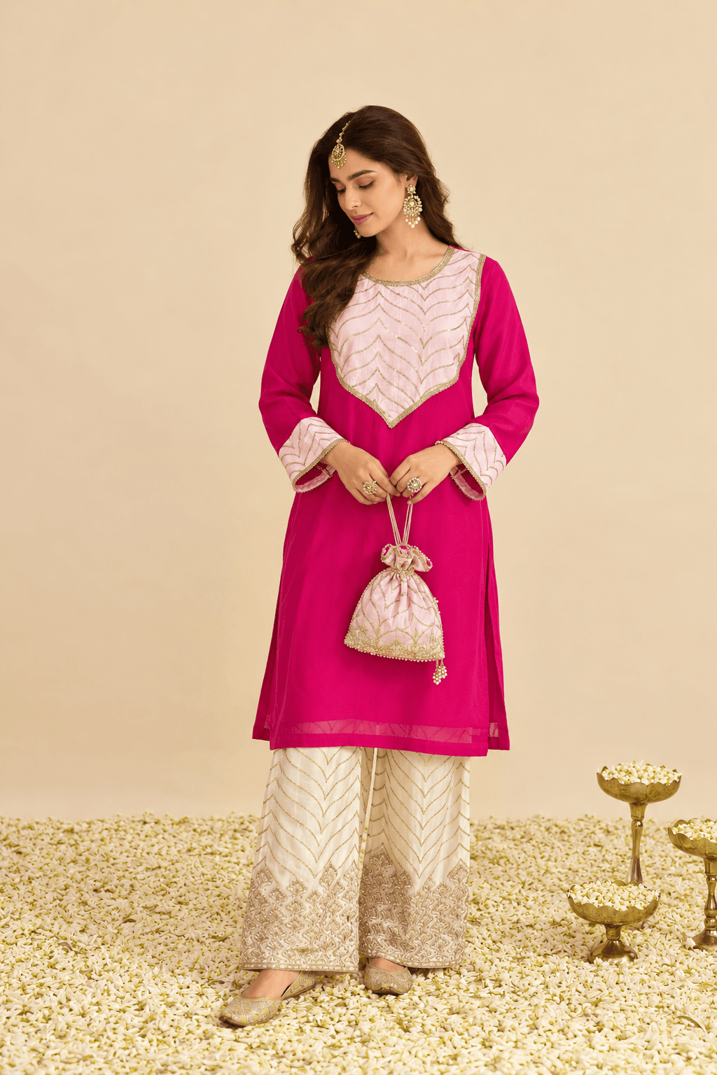 Hot Pink Organza Kurta With Embroidered Silk Plazo