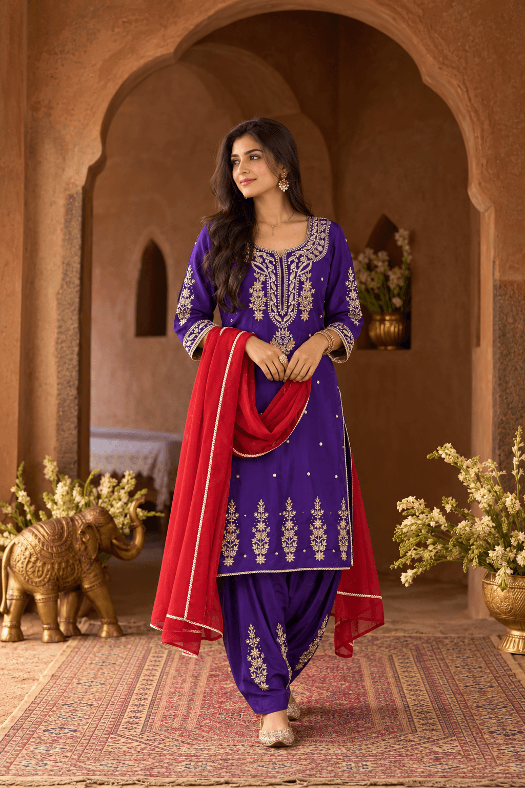 Purple Embroidered Set Paired With Red Duppatta