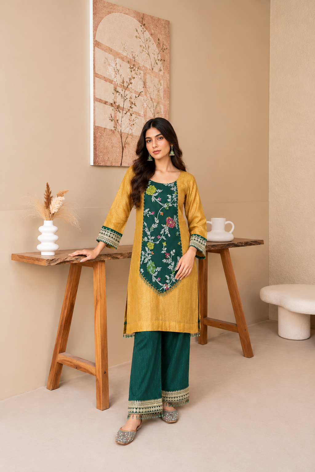 Mustard Kurti With Emerald Plazo