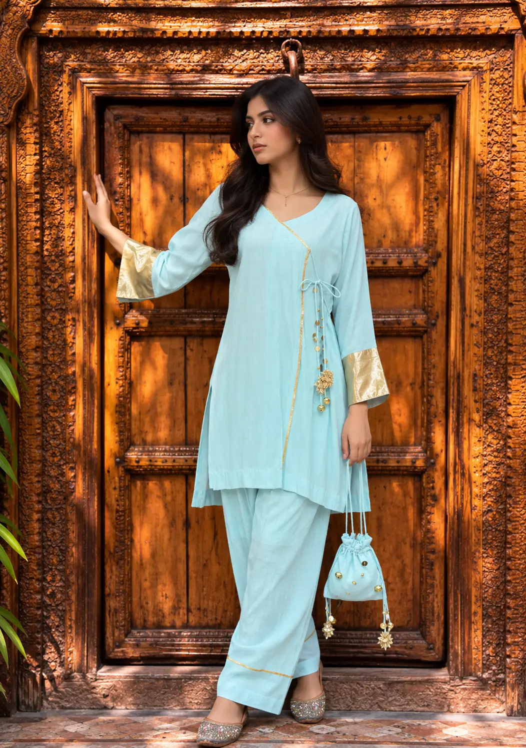 Light Blue Angrakha Kurti With Matching Potli